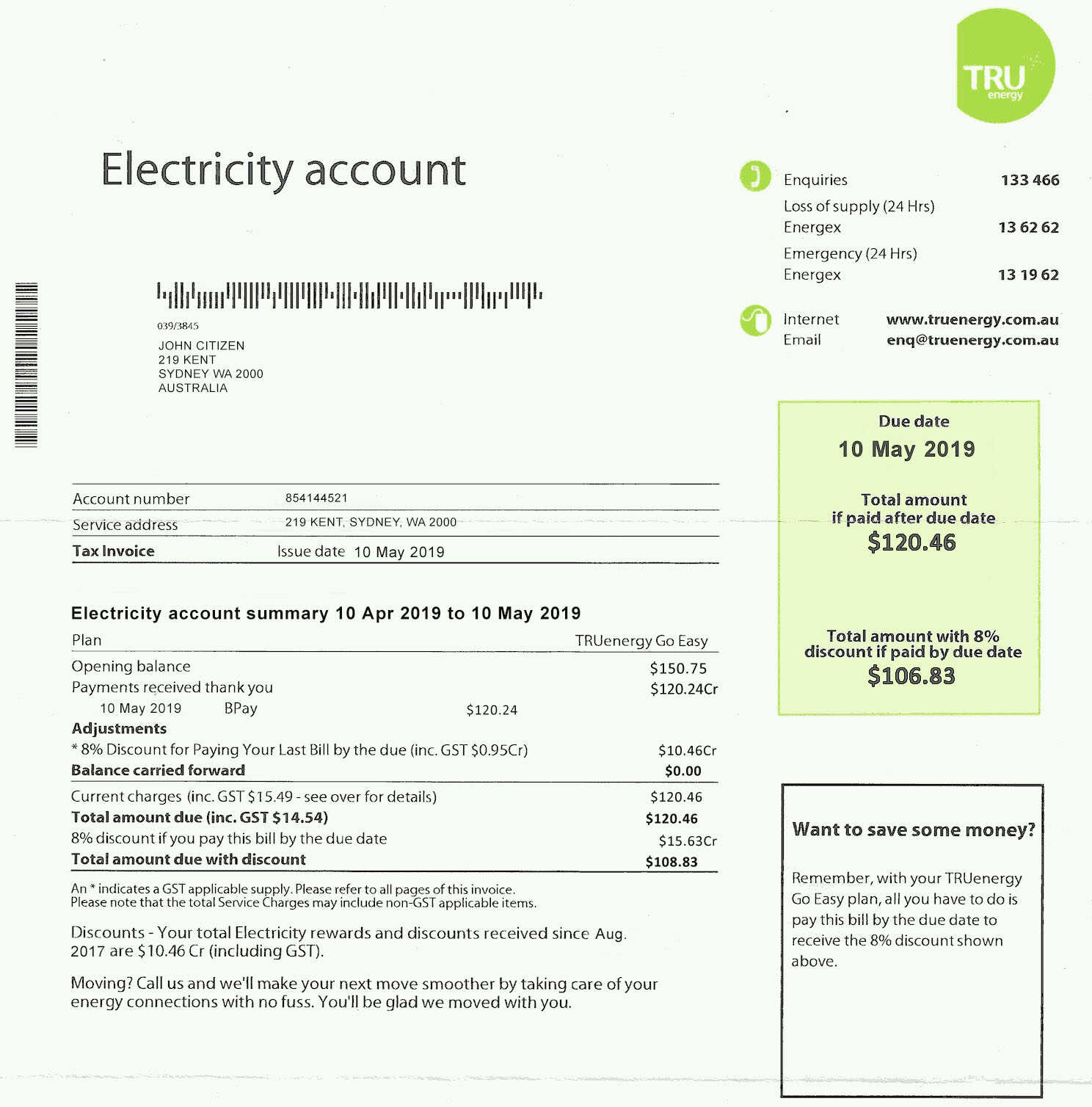 Australia Tru electricity utility bill template, fully editable in PSD format